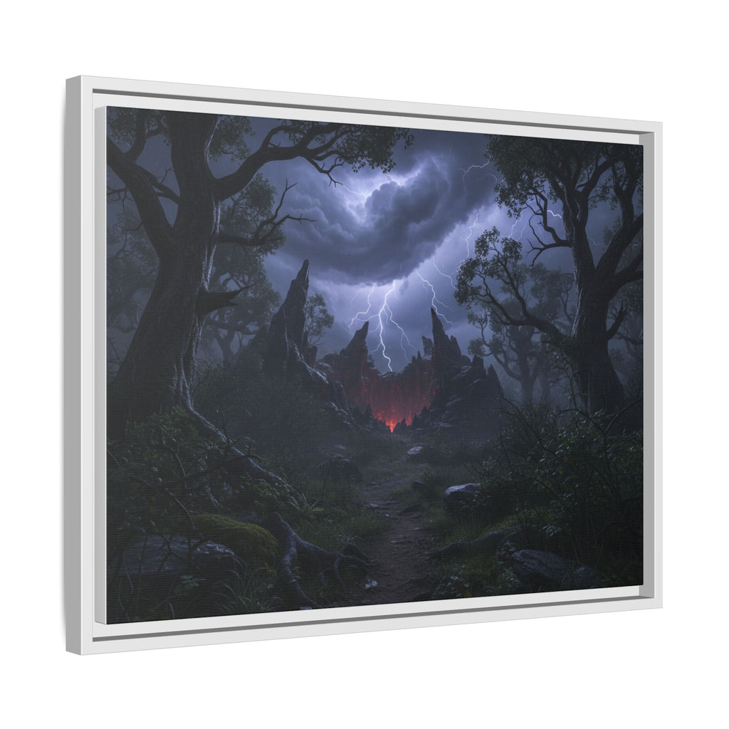 Dark Storm Forest Framed Canvas Print — Lightning, Haunted Castle Art