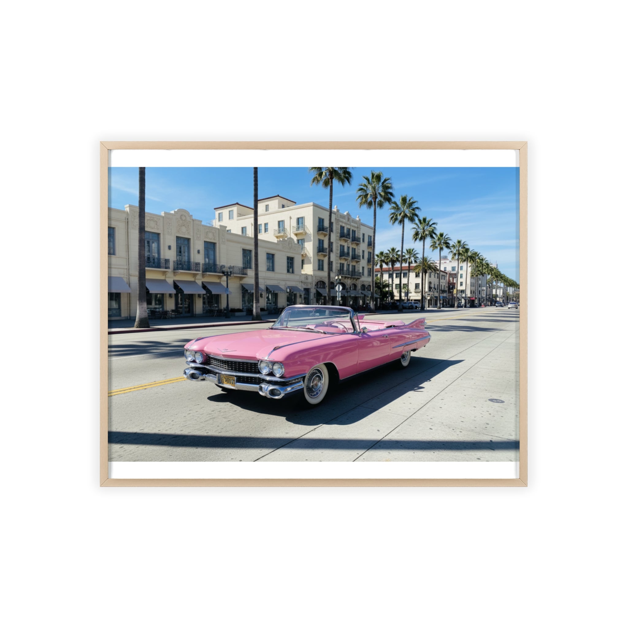 Retro Pink Cadillac Poster with Wooden Frame — Vintage Palm-Drive Wall Art