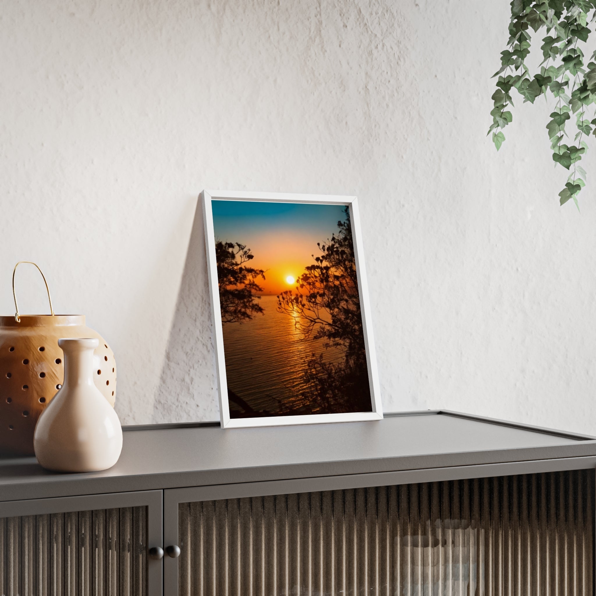 Sunset Coastal Poster with Wooden Frame — Framed Beach Wall Art