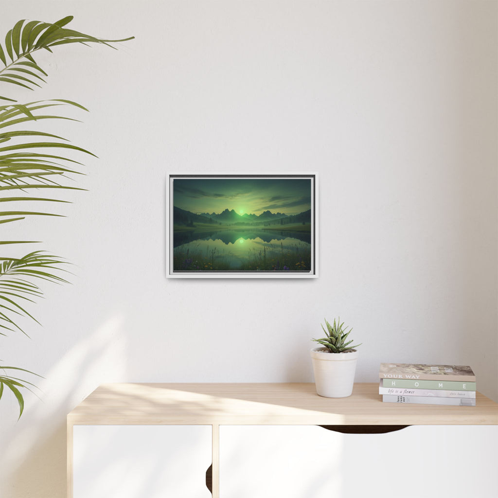 Framed Matte Canvas Print — Serene Green Mountain Lake Landscape