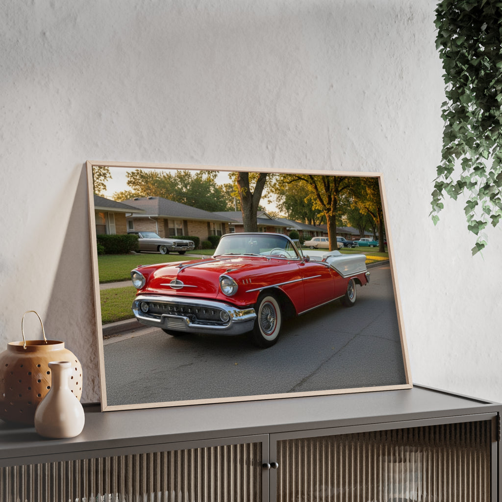 Vintage Red Convertible Poster with Wooden Frame — Classic Car Wall Art