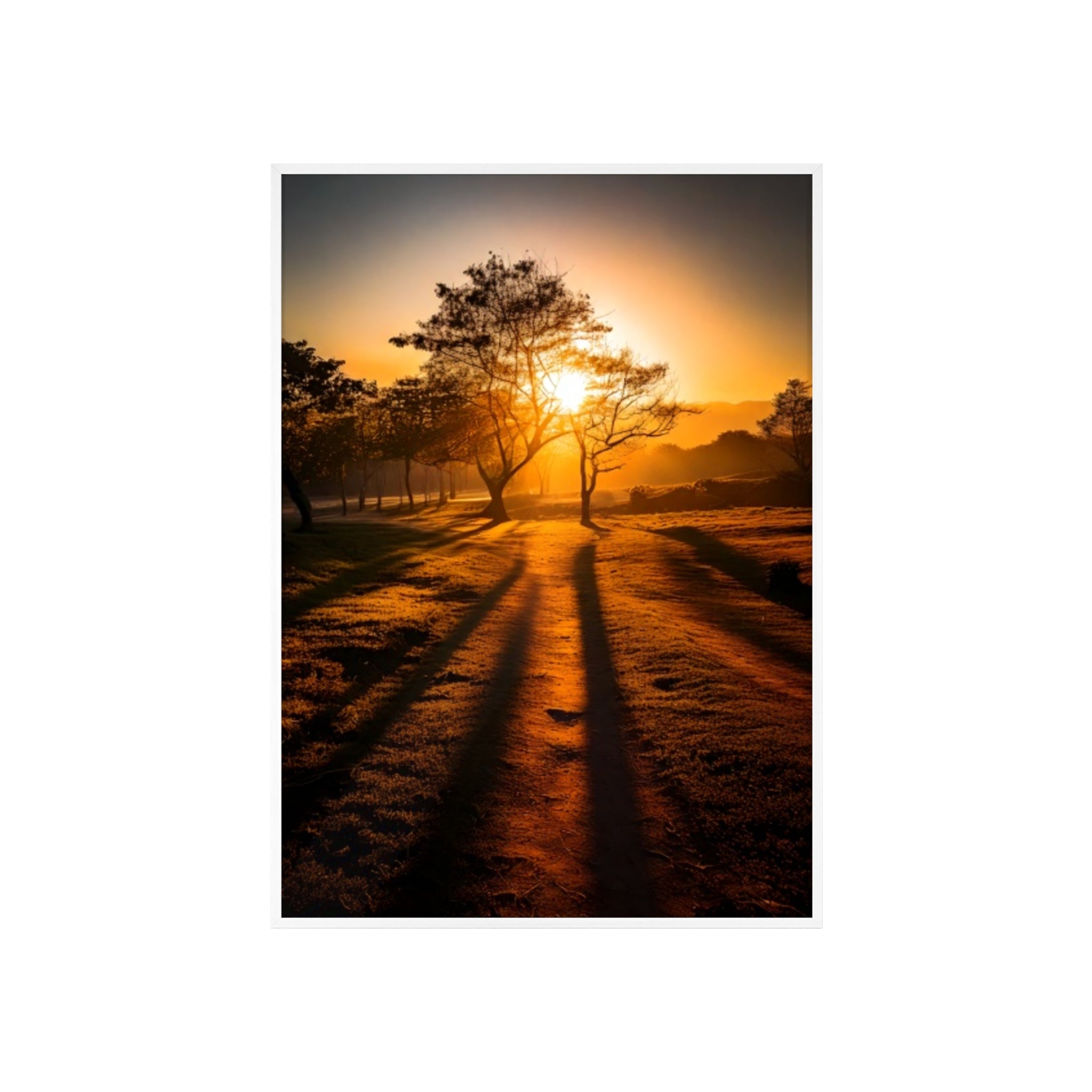 Sunrise Forest Poster — Framed Wooden Wall Art (Sunlit Trees)