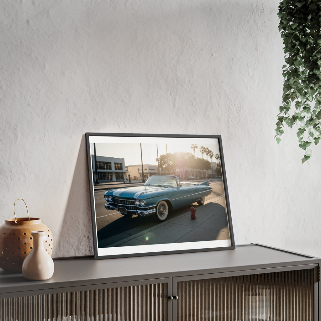 Vintage Blue Cadillac Poster with Wooden Frame – Retro Car Wall Art