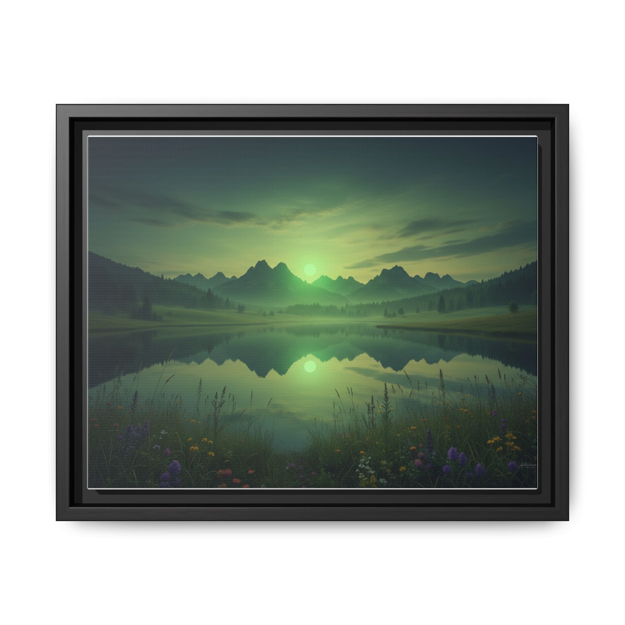 Framed Matte Canvas Print — Serene Green Mountain Lake Landscape