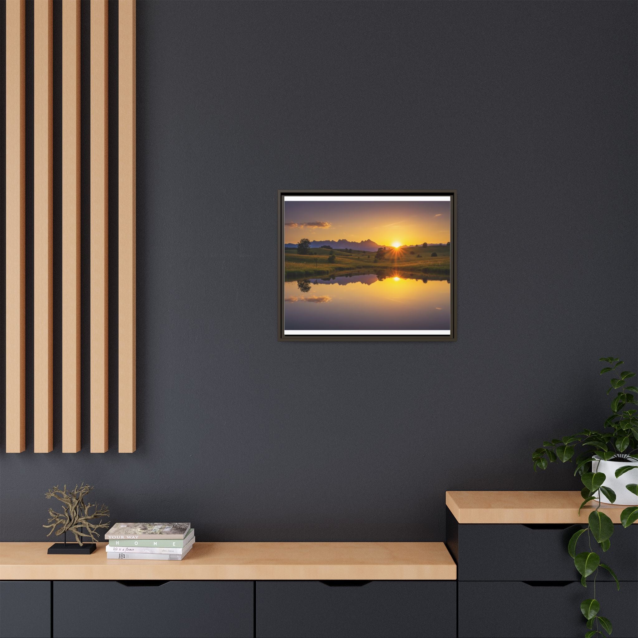 Framed Matte Canvas Sunset Landscape — Serene Lake Reflection Wall Art