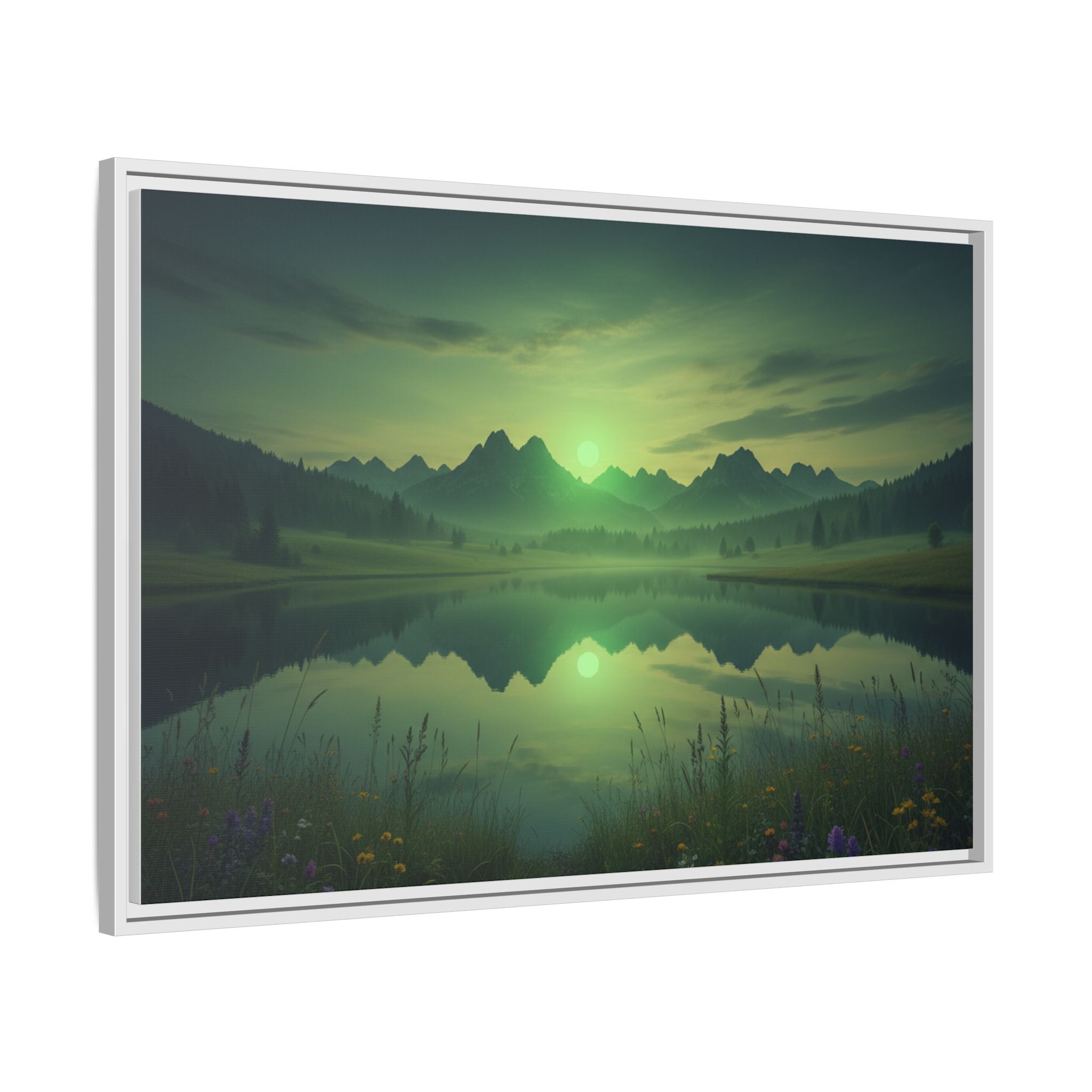 Framed Matte Canvas Print — Serene Green Mountain Lake Landscape