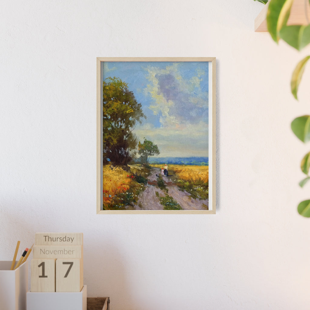 Framed Countryside Landscape Poster — Rustic Wooden Frame Wall Art