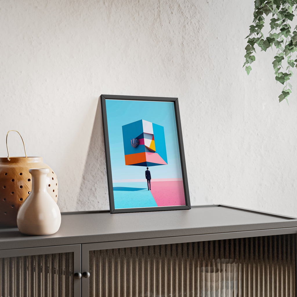 Surreal Geometric Art Poster with Wooden Frame — Modern Minimal Wall Decor