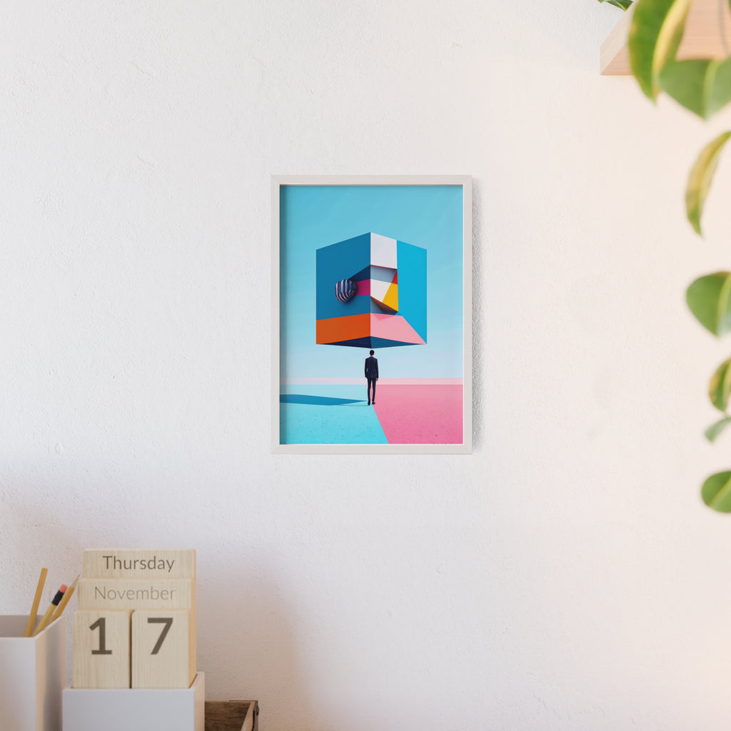 Surreal Geometric Art Poster with Wooden Frame — Modern Minimal Wall Decor