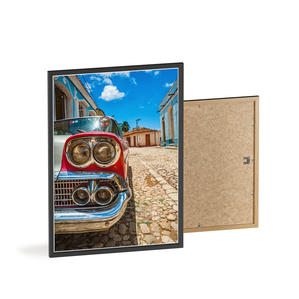 Vintage Classic Car Poster with Wooden Frame — Retro Cuba Street Photography Wall Art