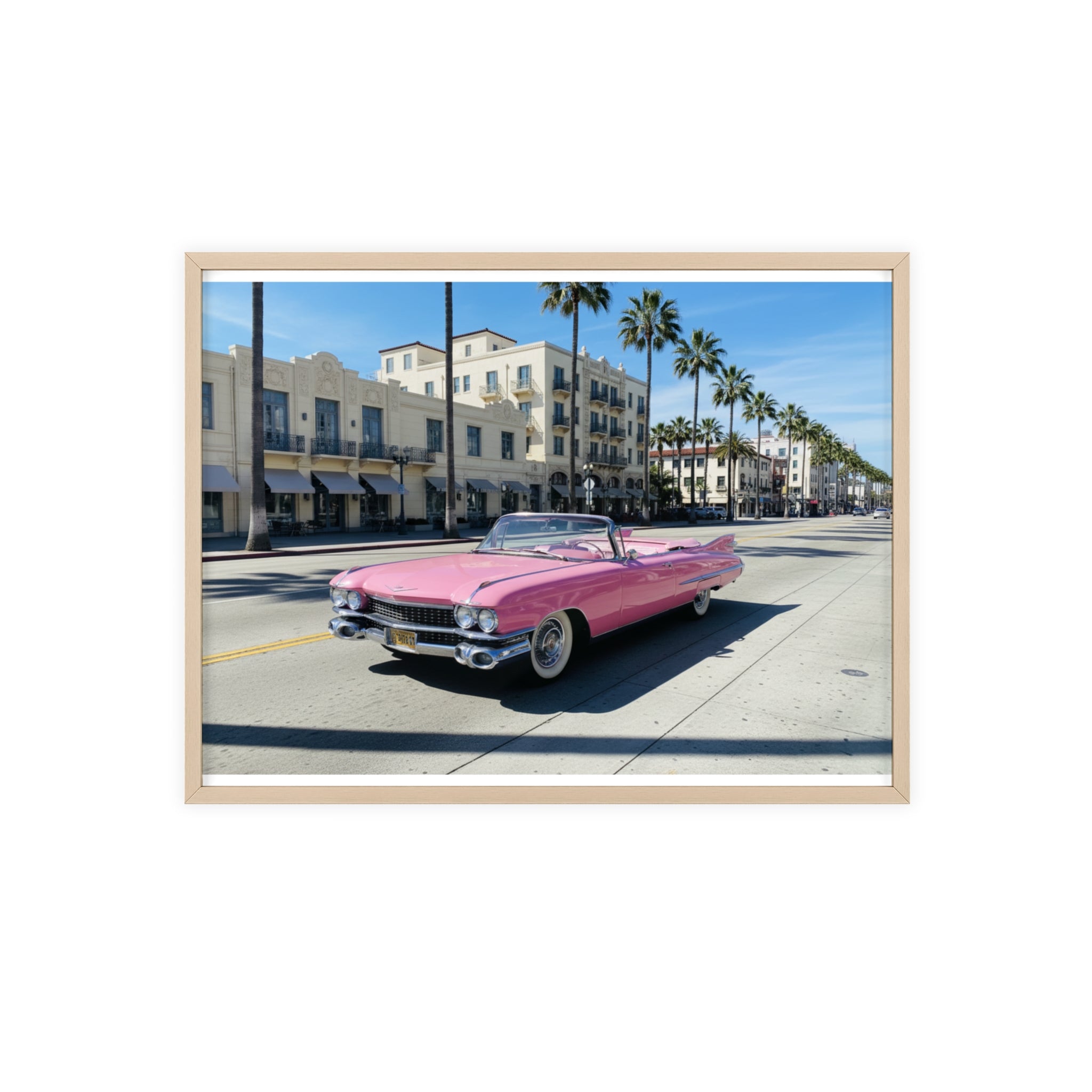 Retro Pink Cadillac Poster with Wooden Frame — Vintage Palm-Drive Wall Art