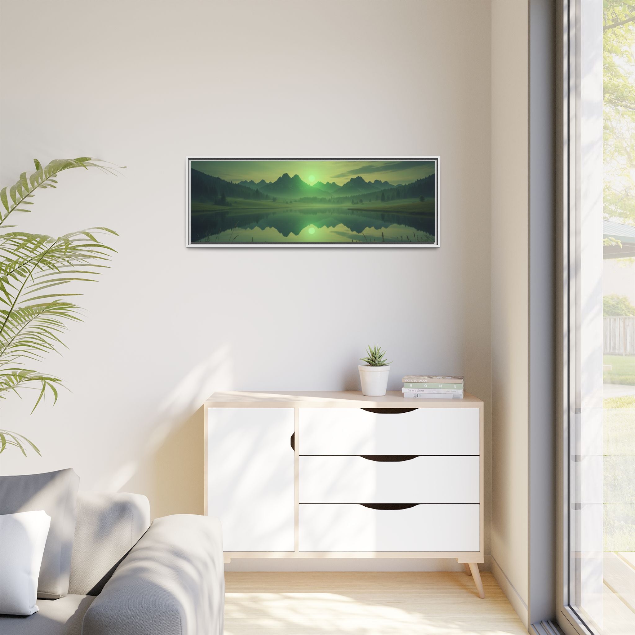 Framed Matte Canvas Print — Serene Green Mountain Lake Landscape