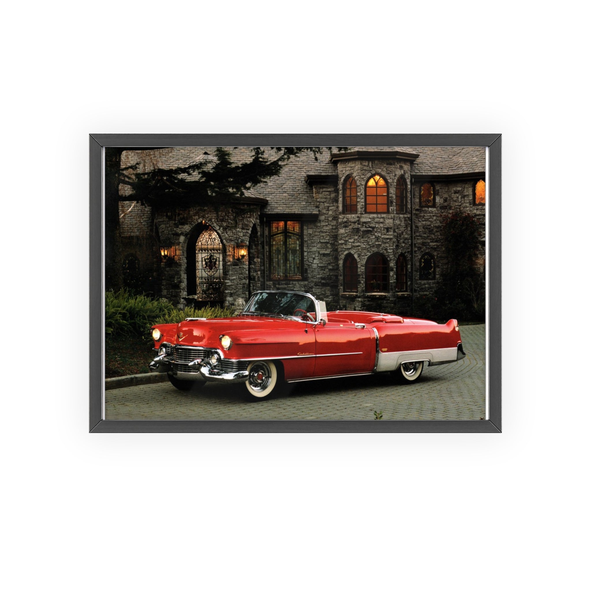 Vintage Red Convertible Poster with Wooden Frame — Classic Car Wall Art