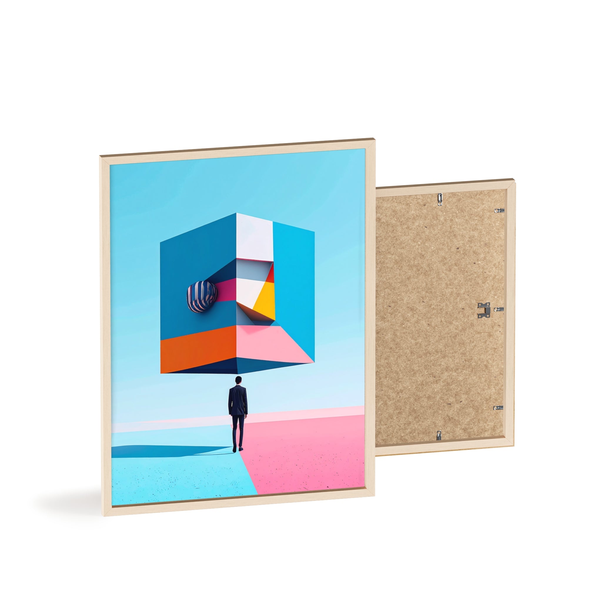 Surreal Geometric Art Poster with Wooden Frame — Modern Minimal Wall Decor