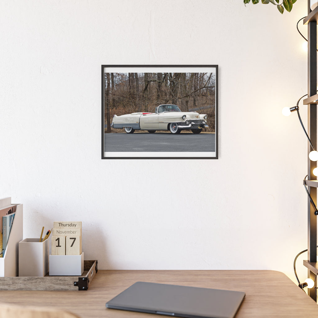 Vintage 1950s White Cadillac Poster with Wooden Frame - Classic Car Wall Art