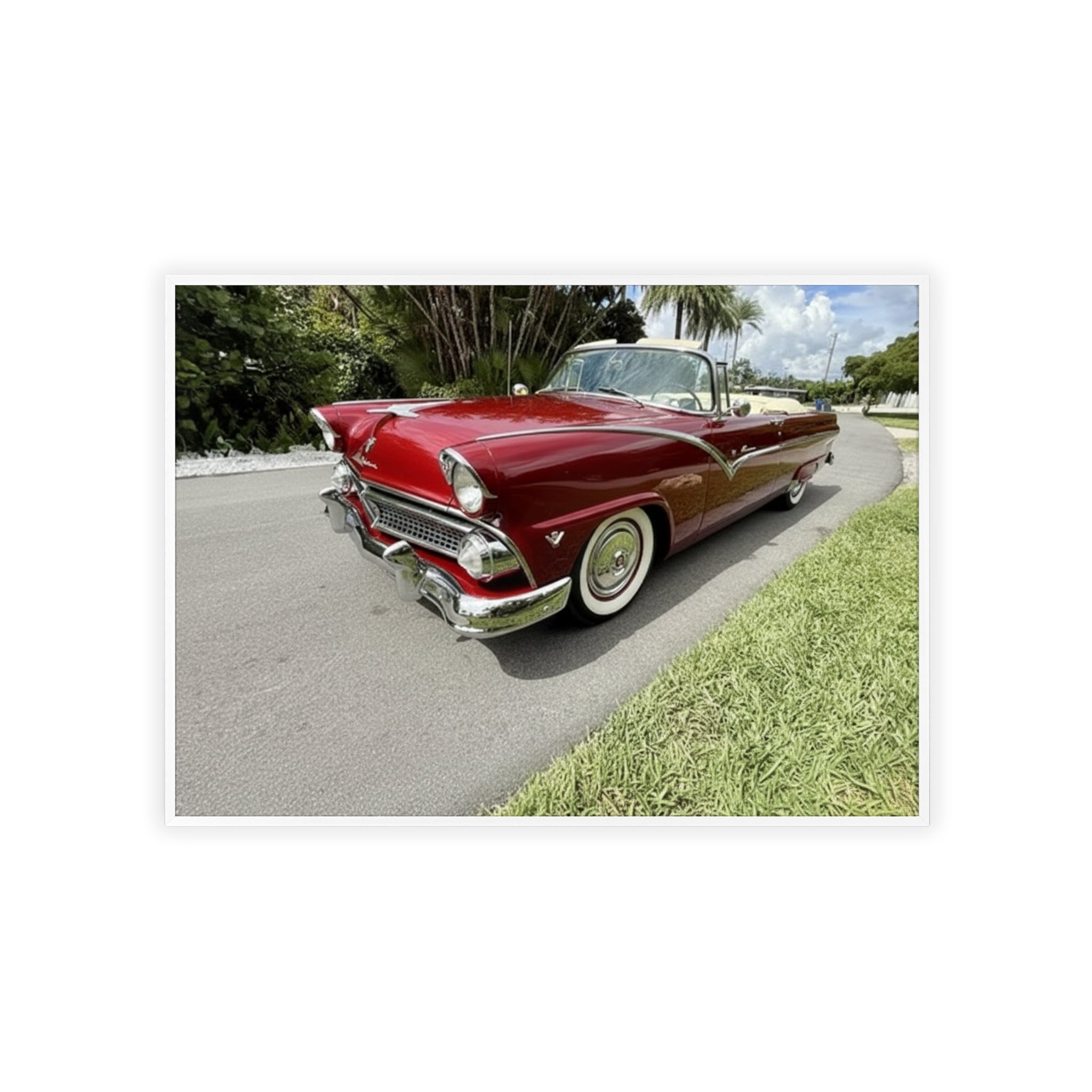 Vintage Red Convertible Poster with Wooden Frame — Classic Car Wall Art