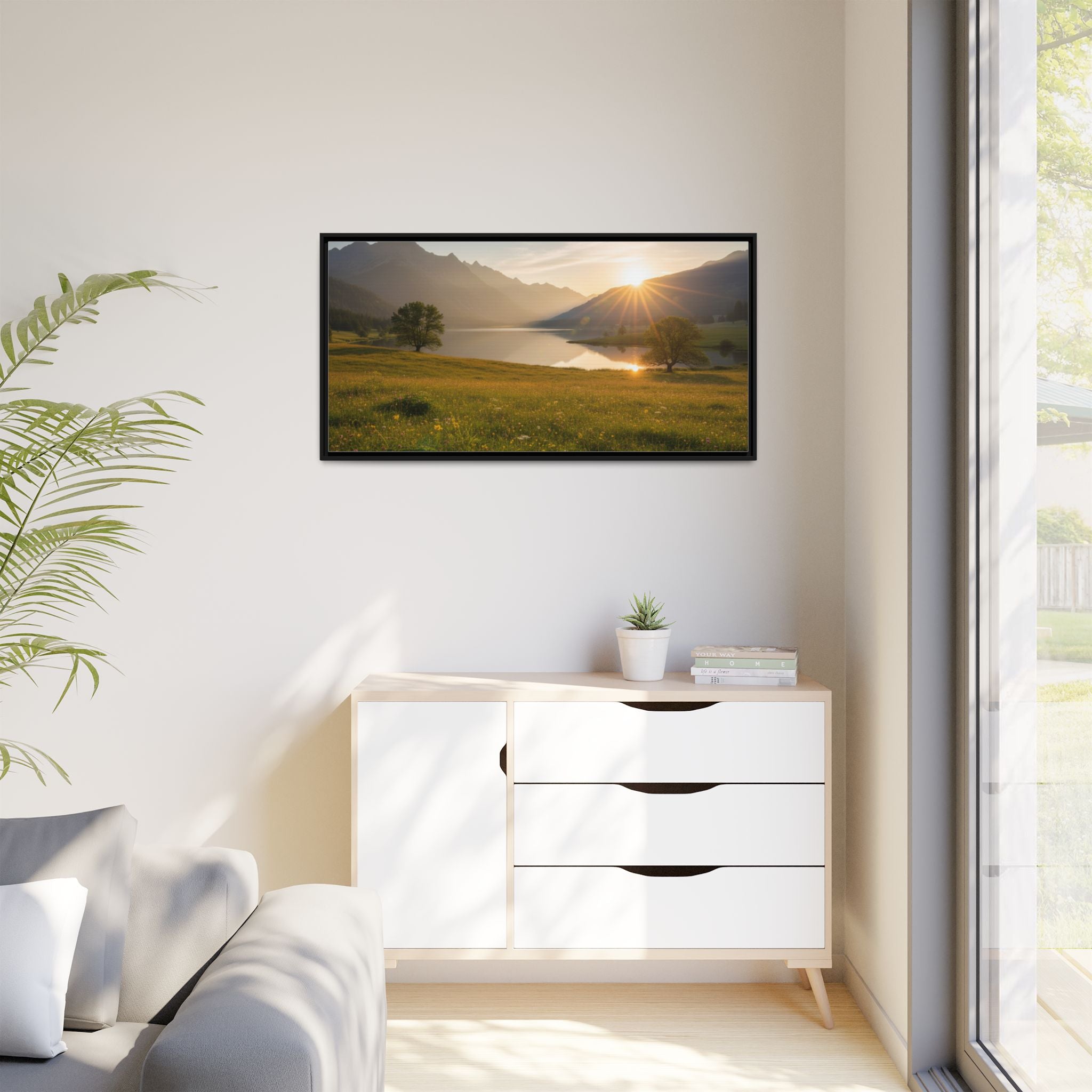 Sunrise Mountain Lake Matte Canvas — Framed Landscape Wall Art