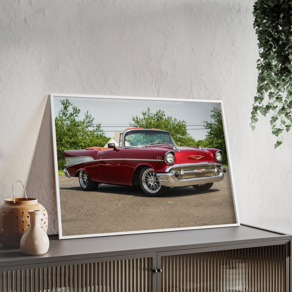 Vintage Red Classic Car Poster with Wooden Frame — Retro Automotive Wall Art
