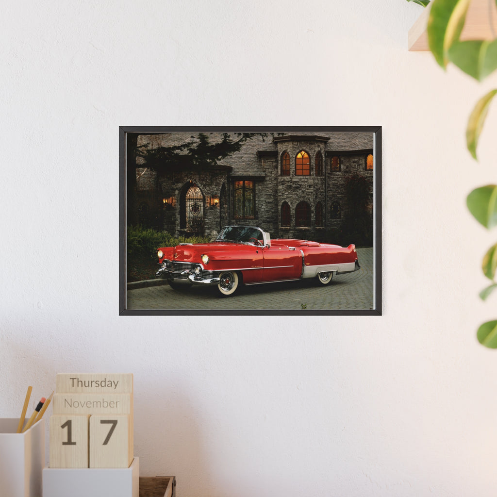 Vintage Red Convertible Poster with Wooden Frame — Classic Car Wall Art
