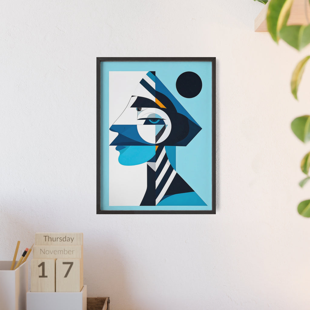 Abstract Geometric Portrait Poster with Wooden Frame — Blue Modern Wall Art