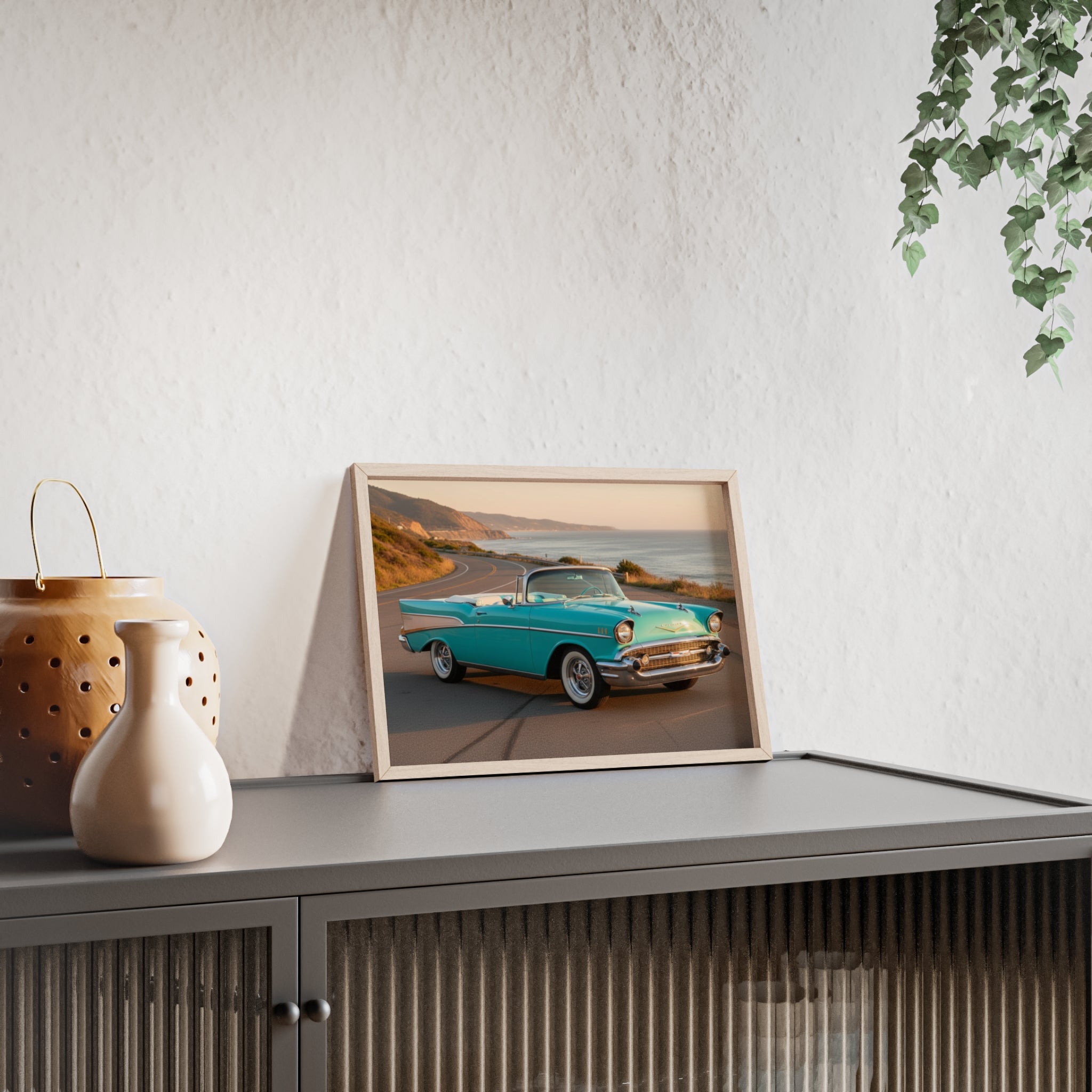 Vintage Teal Classic Car Poster with Wooden Frame — Coastal Road Print