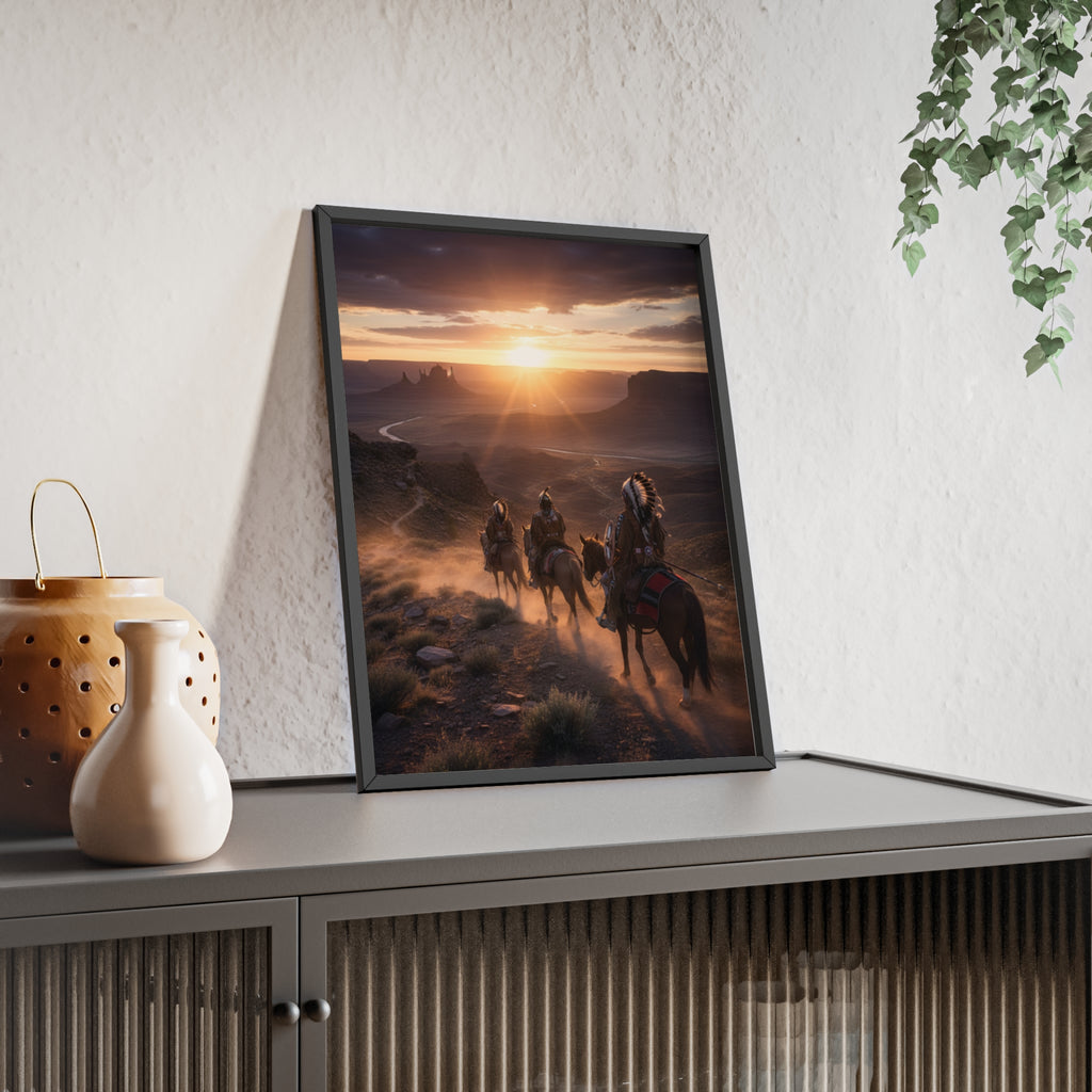 Framed Western Sunset Poster — Native Riders on Horseback Wall Art