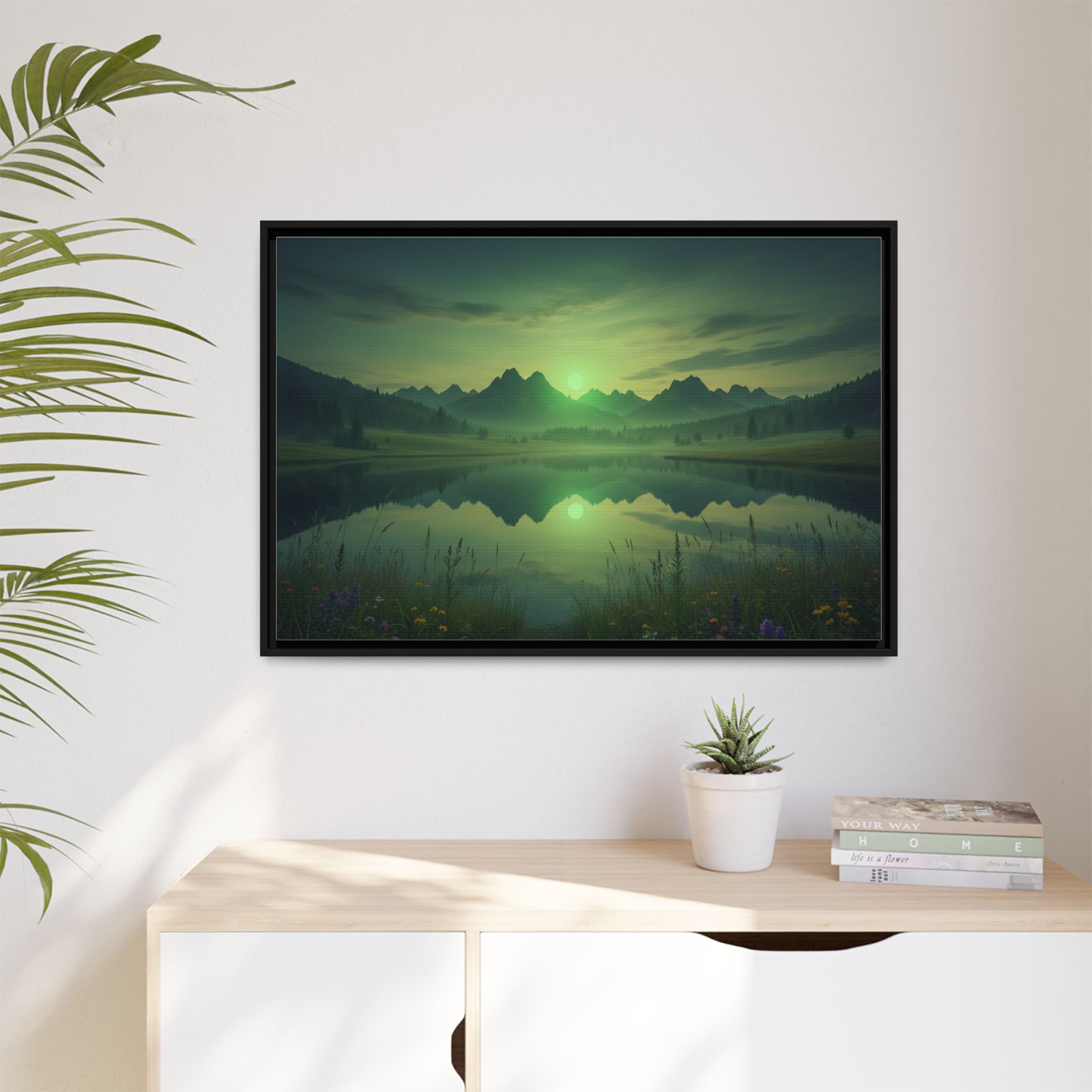 Framed Matte Canvas Print — Serene Green Mountain Lake Landscape