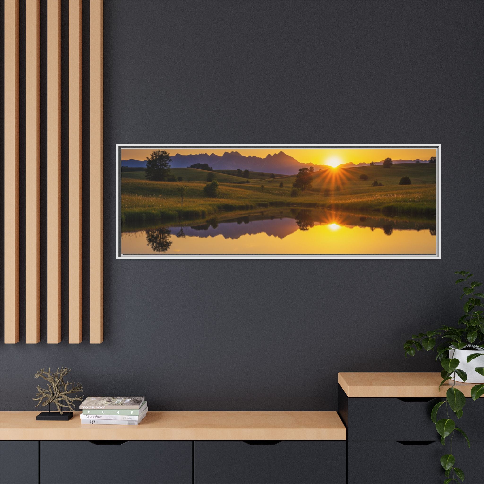 Framed Matte Canvas Sunset Landscape — Serene Lake Reflection Wall Art