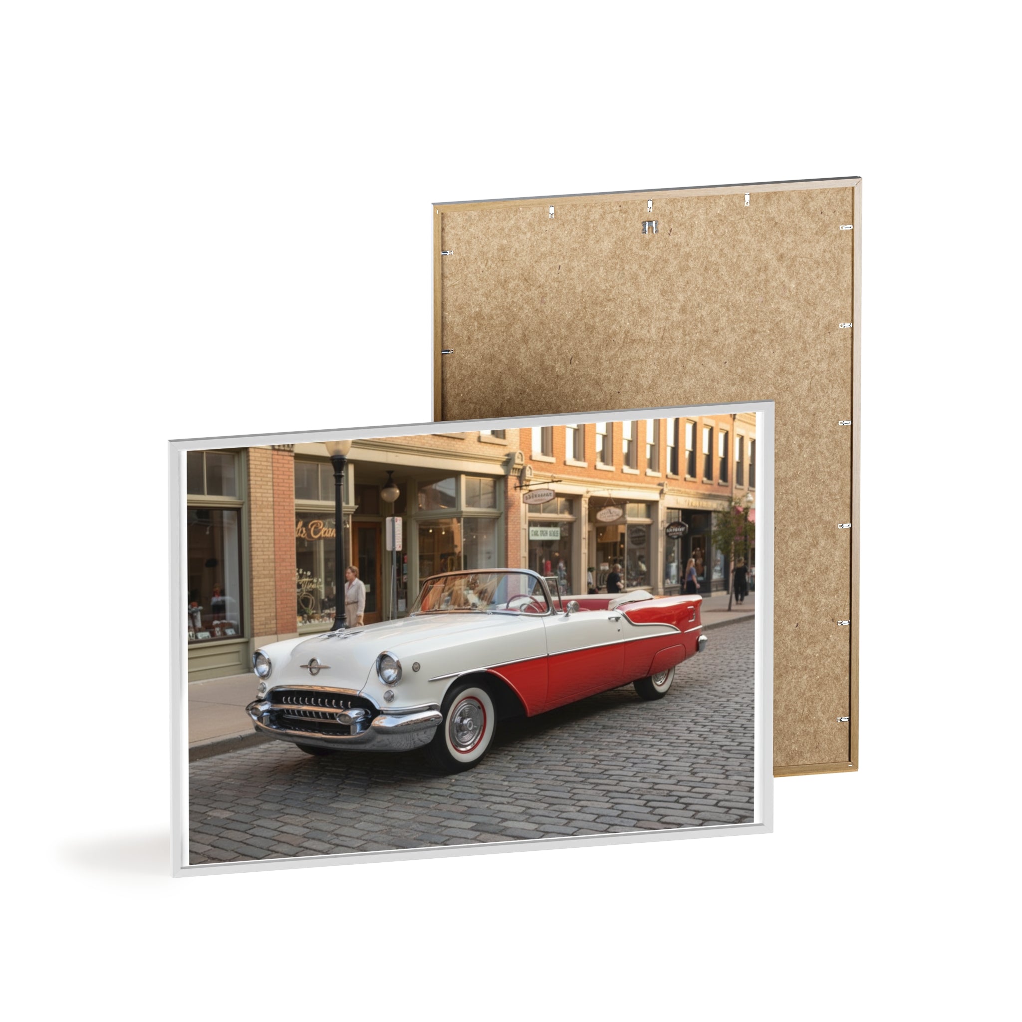 Vintage Red & White Convertible Poster with Wooden Frame — Retro Car Wall Art