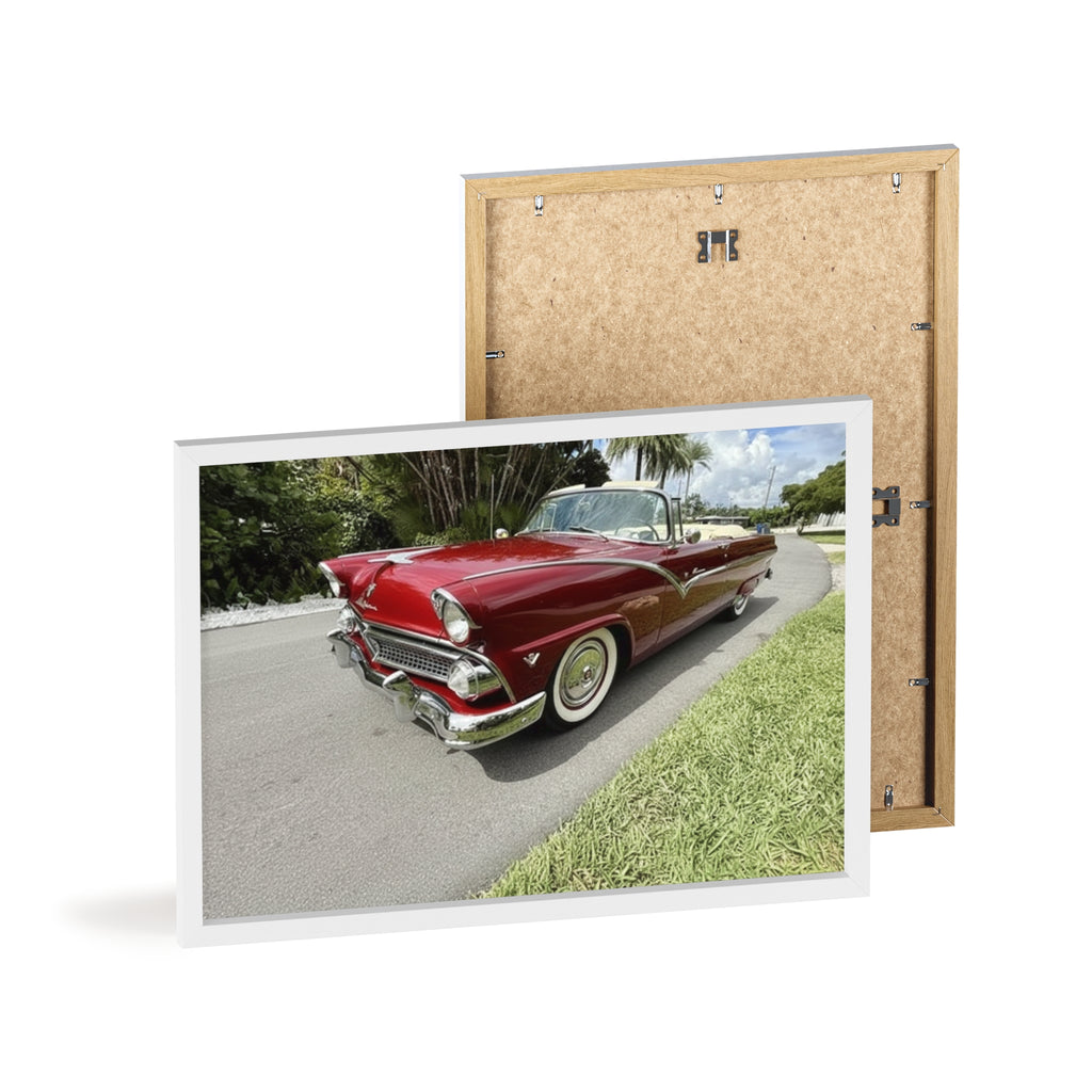 Vintage Red Convertible Poster with Wooden Frame — Classic Car Wall Art