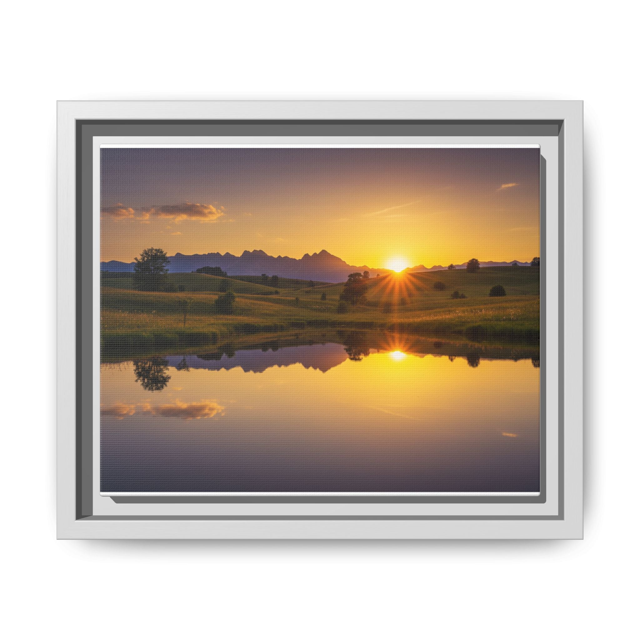 Framed Matte Canvas Sunset Landscape — Serene Lake Reflection Wall Art