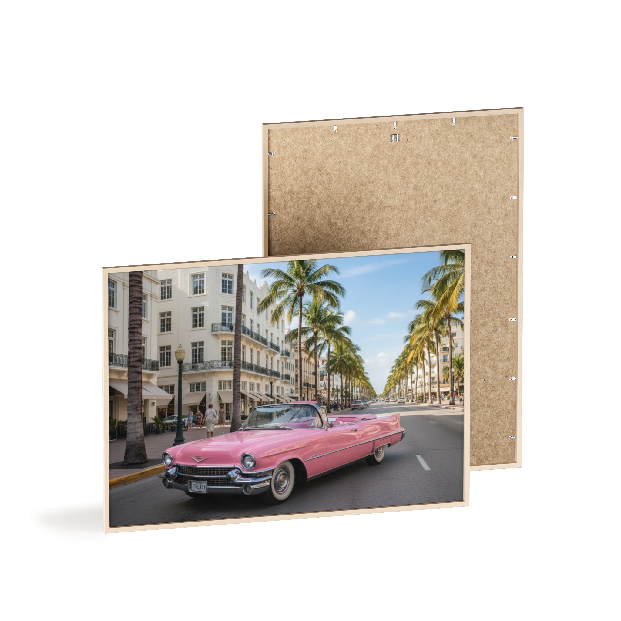 Vintage Pink Cadillac Wall Poster with Wooden Frame — Retro Miami Palm Street Photography