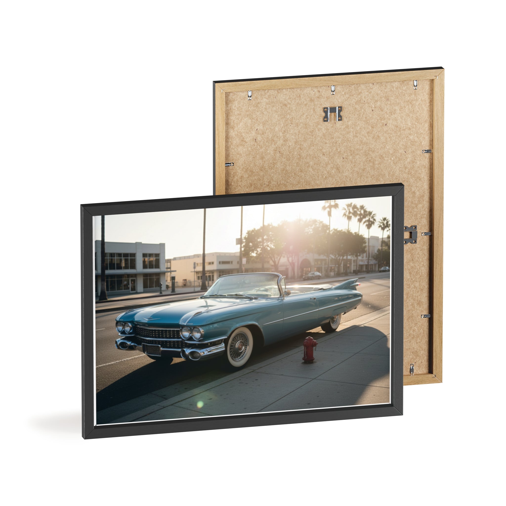 Vintage Blue Cadillac Poster with Wooden Frame – Retro Car Wall Art