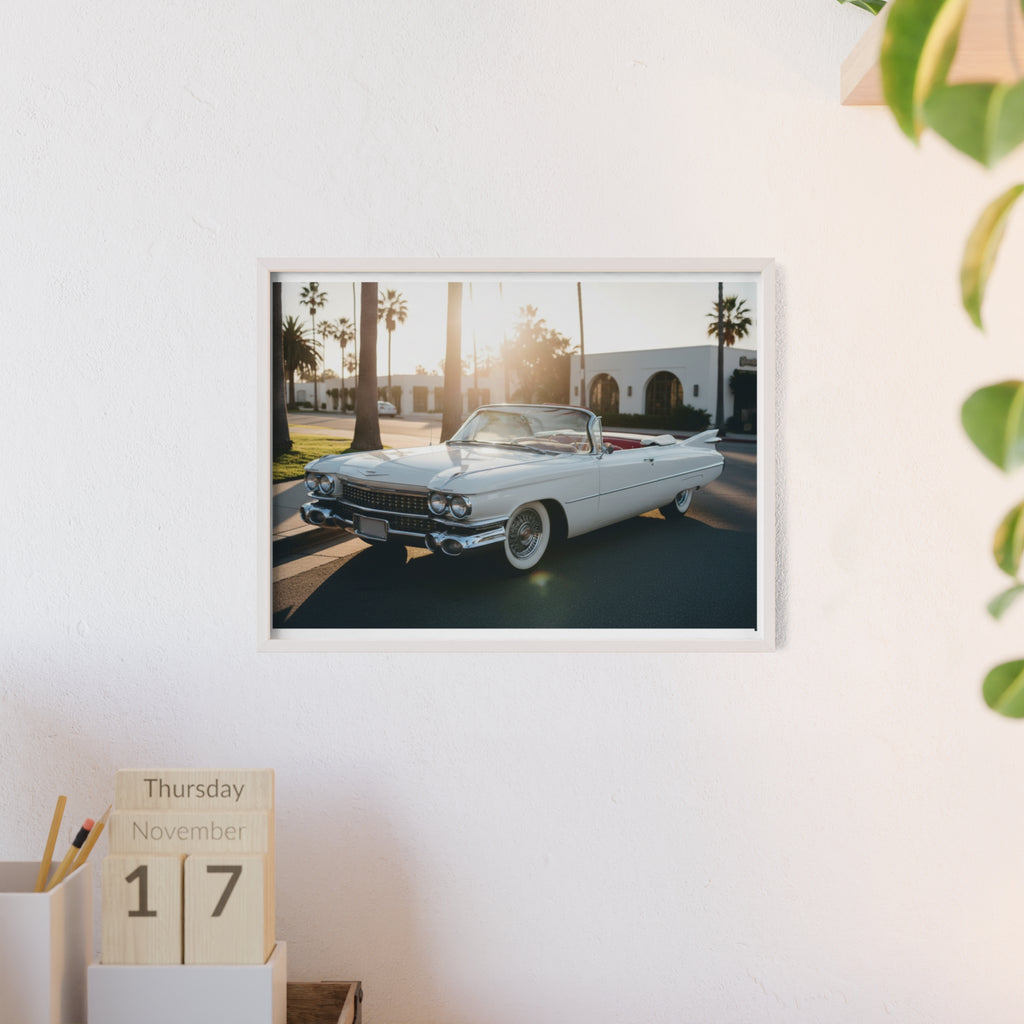Vintage Cadillac Convertible Poster with Wooden Frame — Retro Palm Trees Sunset Wall Art