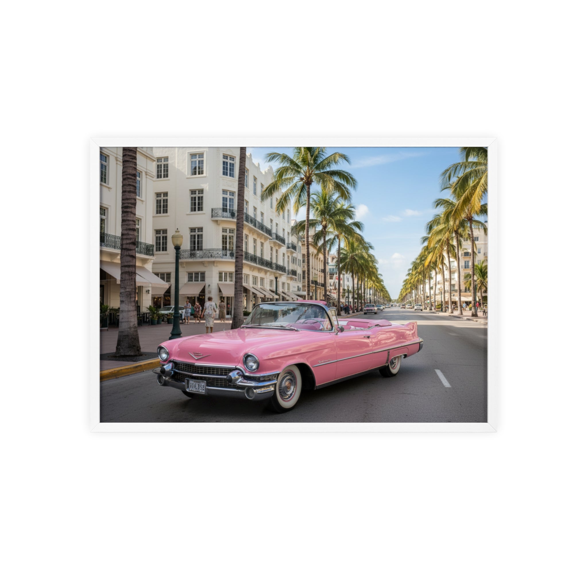 Vintage Pink Cadillac Wall Poster with Wooden Frame — Retro Miami Palm Street Photography