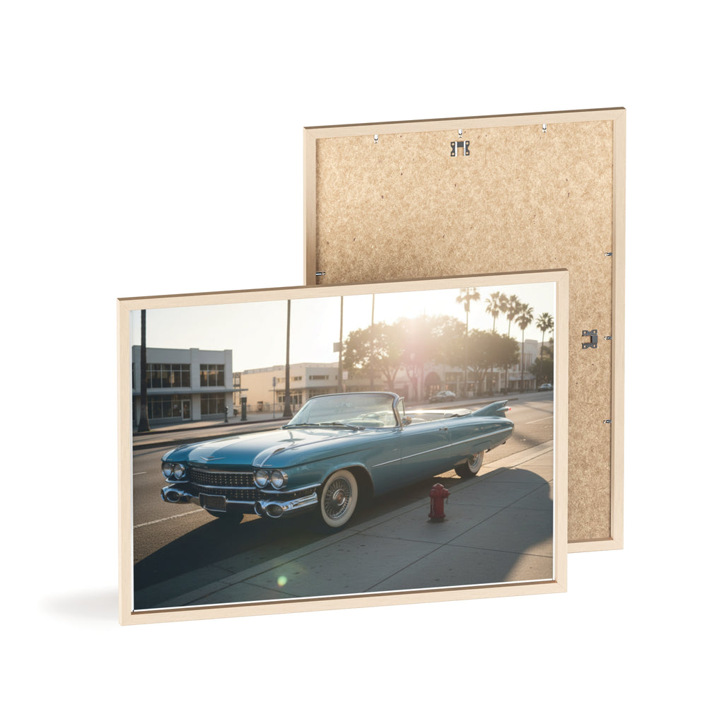 Vintage Blue Cadillac Poster with Wooden Frame – Retro Car Wall Art