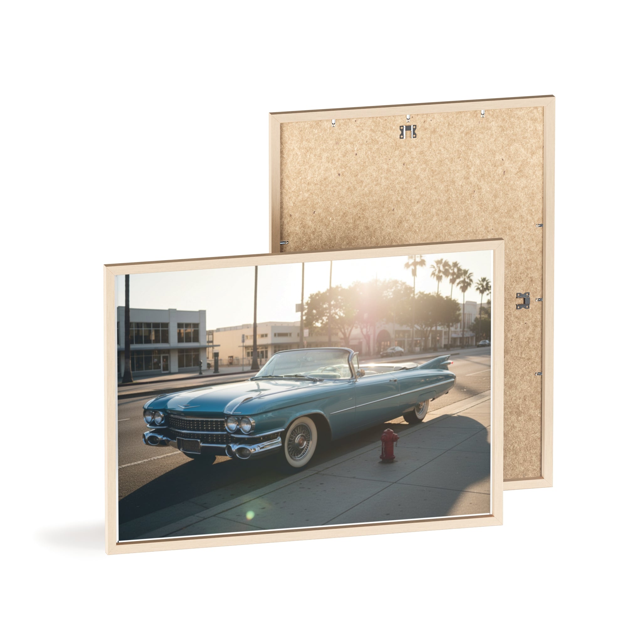 Vintage Blue Cadillac Poster with Wooden Frame – Retro Car Wall Art