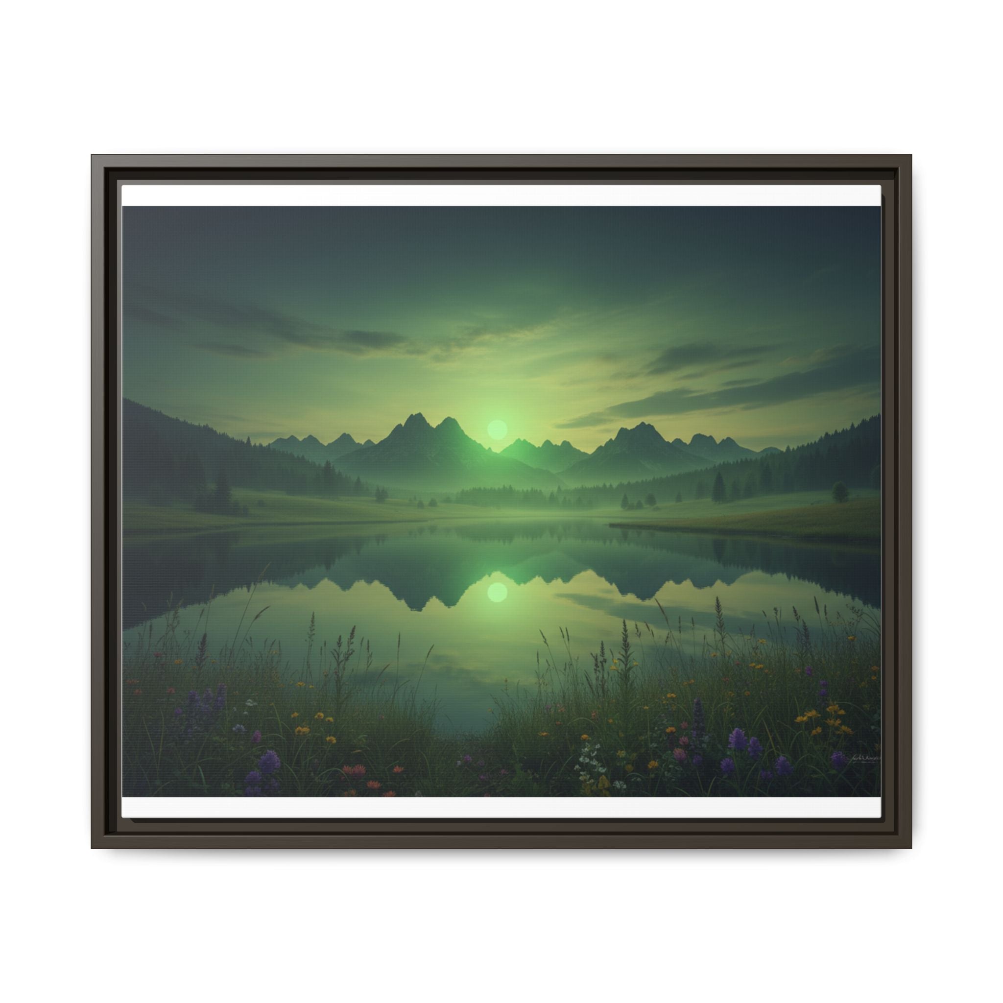 Framed Matte Canvas Print — Serene Green Mountain Lake Landscape