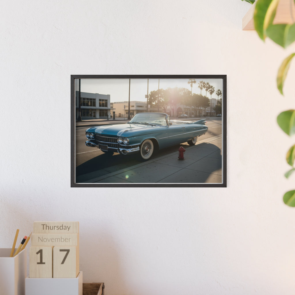 Vintage Blue Cadillac Poster with Wooden Frame – Retro Car Wall Art