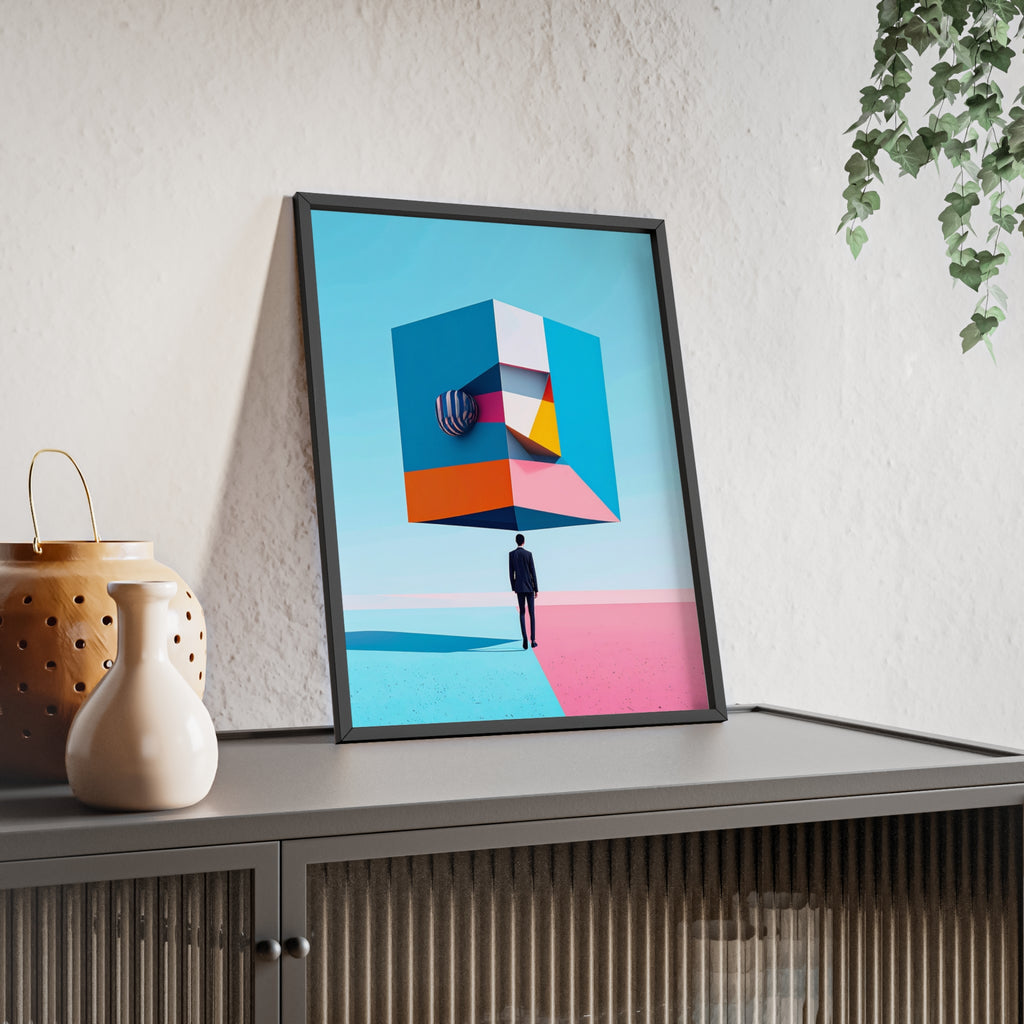 Surreal Geometric Art Poster with Wooden Frame — Modern Minimal Wall Decor