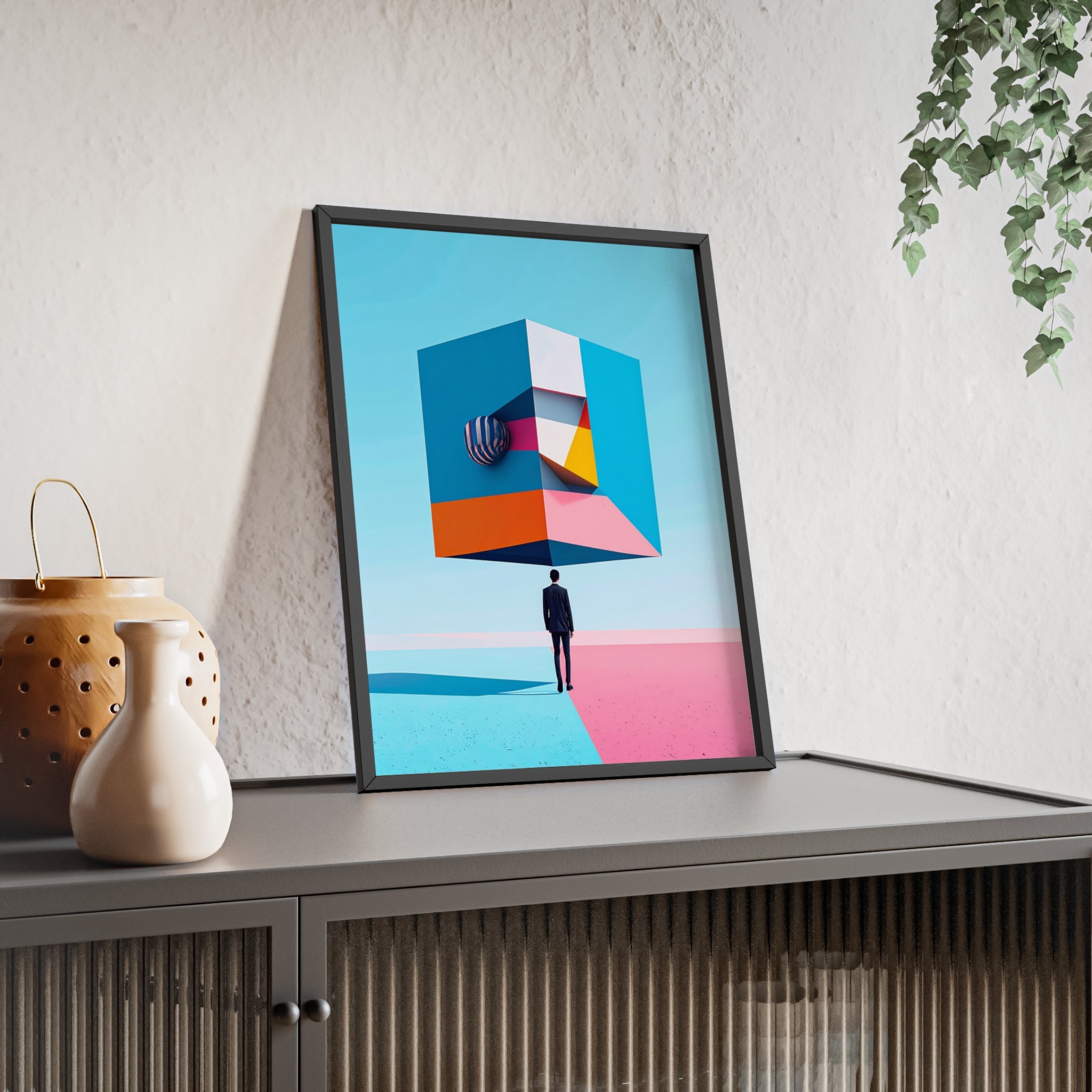Surreal Geometric Art Poster with Wooden Frame — Modern Minimal Wall Decor