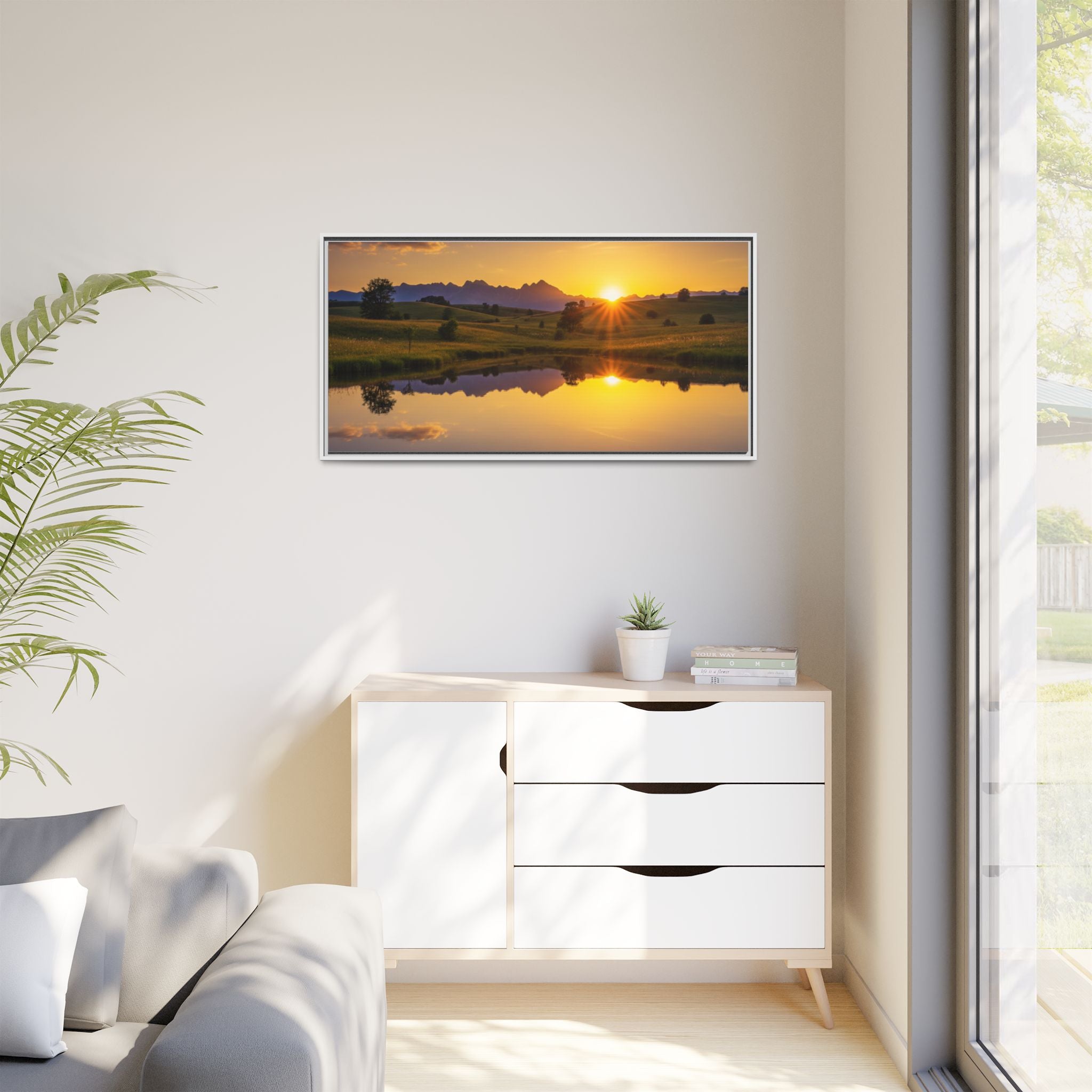 Framed Matte Canvas Sunset Landscape — Serene Lake Reflection Wall Art