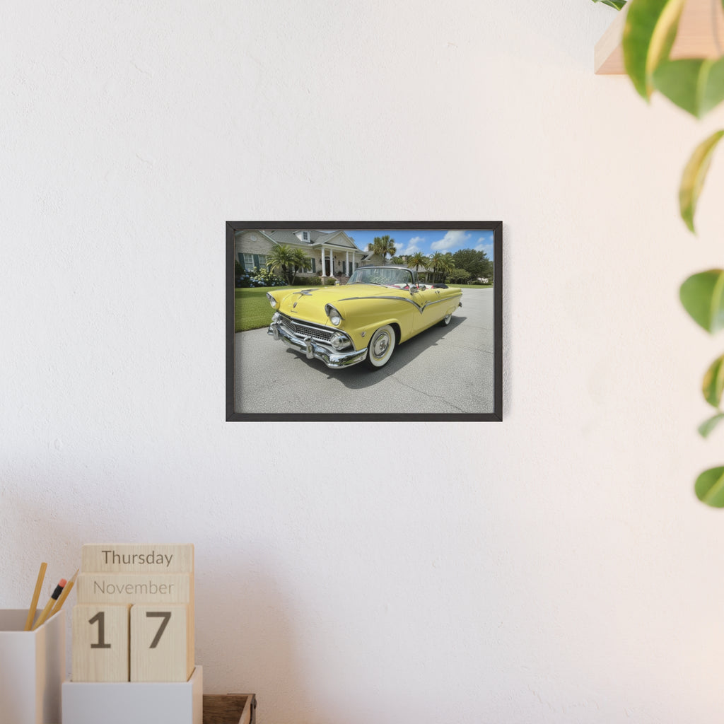 Vintage Yellow Classic Car Poster — Framed Wooden Wall Art