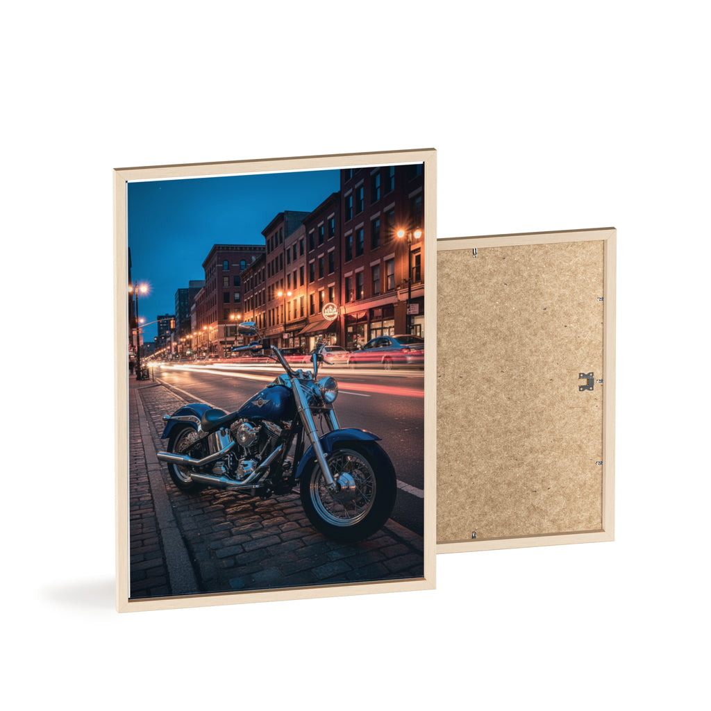Framed Motorcycle Poster — Night City Street Bike Wall Art
