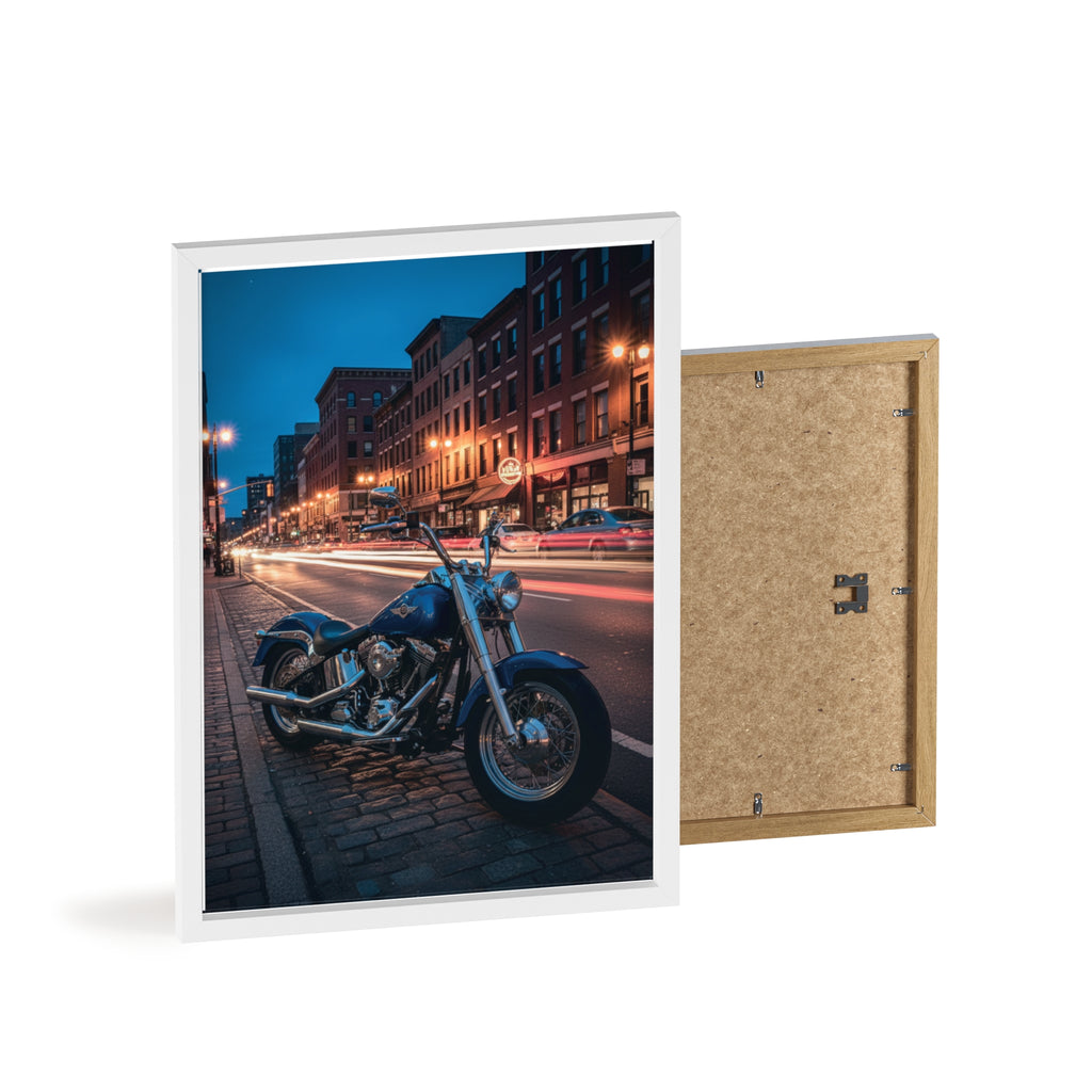Framed Motorcycle Poster — Night City Street Bike Wall Art