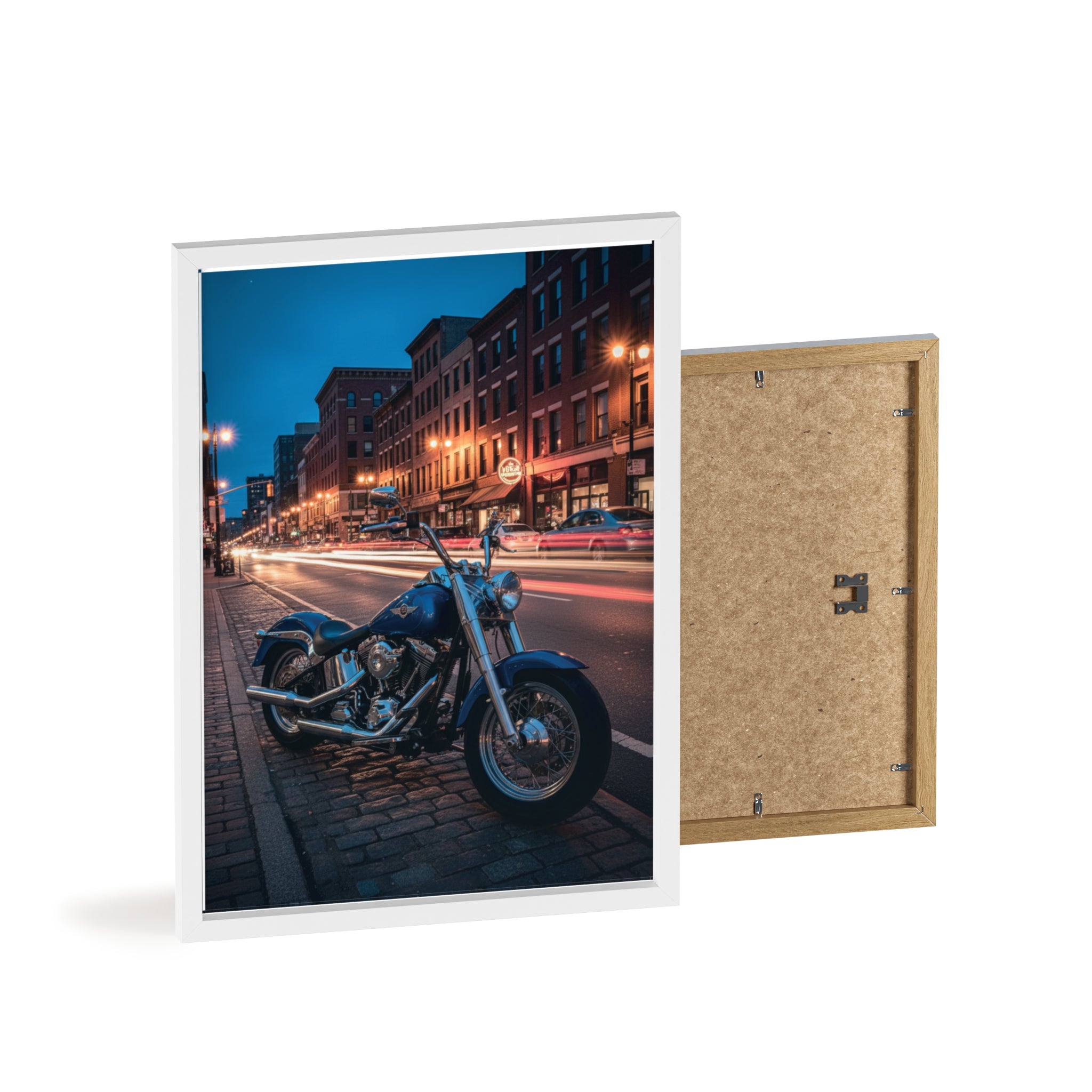 Framed Motorcycle Poster — Night City Street Bike Wall Art