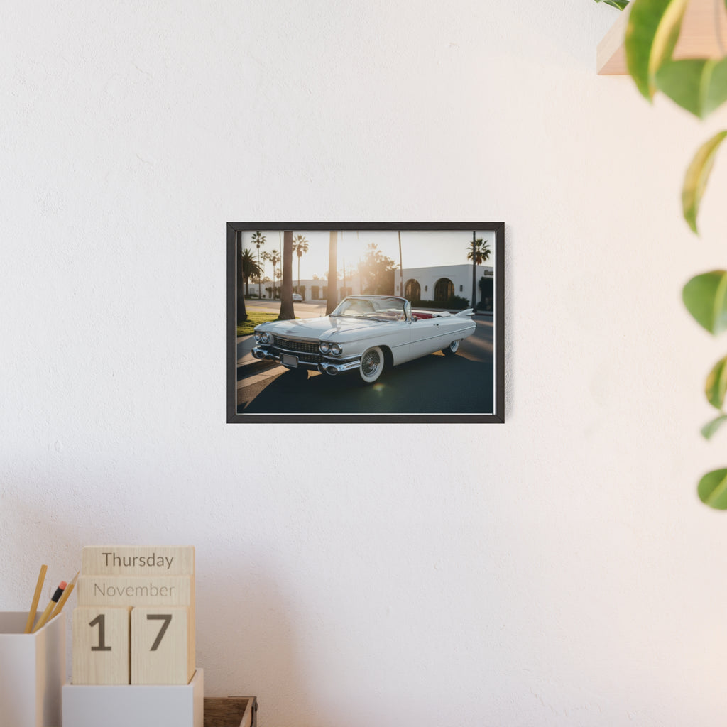 Vintage Cadillac Convertible Poster with Wooden Frame — Retro Palm Trees Sunset Wall Art