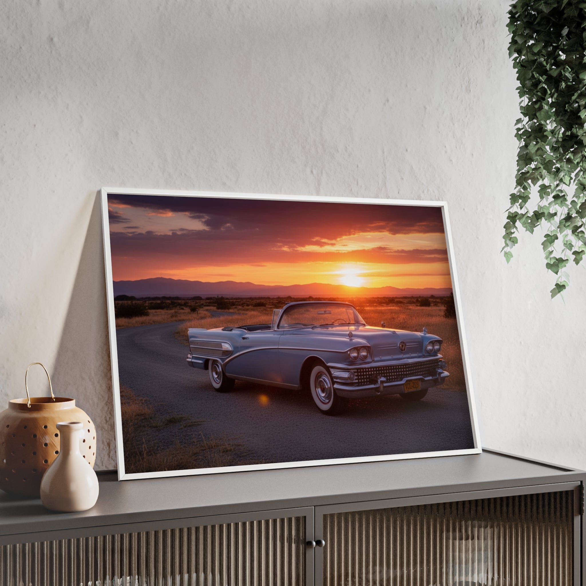Vintage Convertible Sunset Poster with Wooden Frame