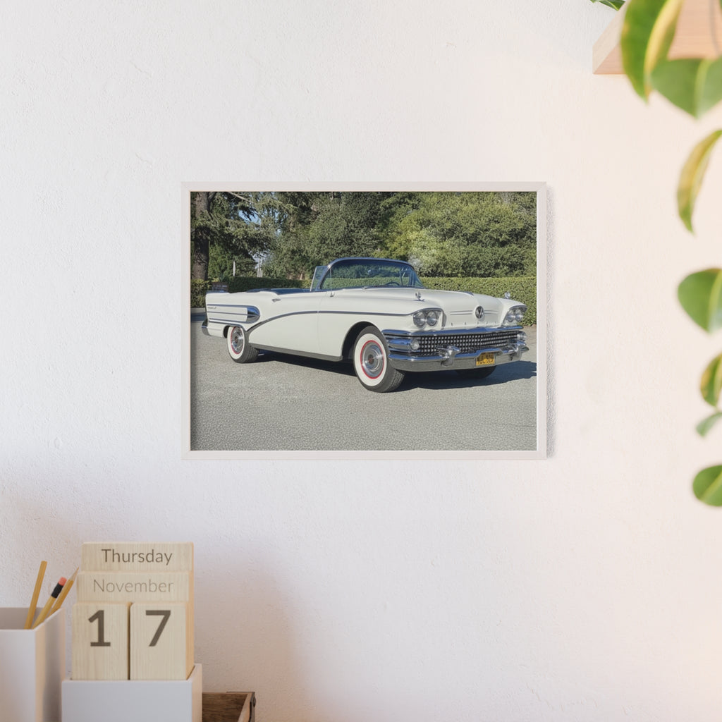 Classic White Convertible Car Poster with Wooden Frame — Vintage Auto Wall Art