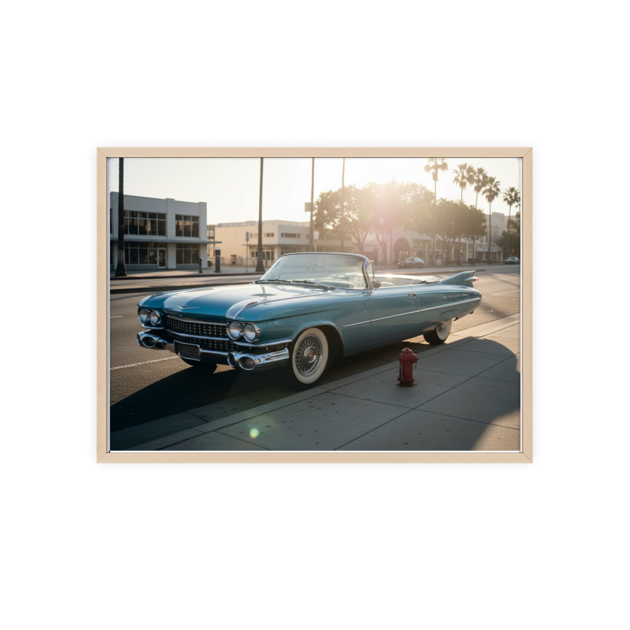 Vintage Blue Cadillac Poster with Wooden Frame – Retro Car Wall Art